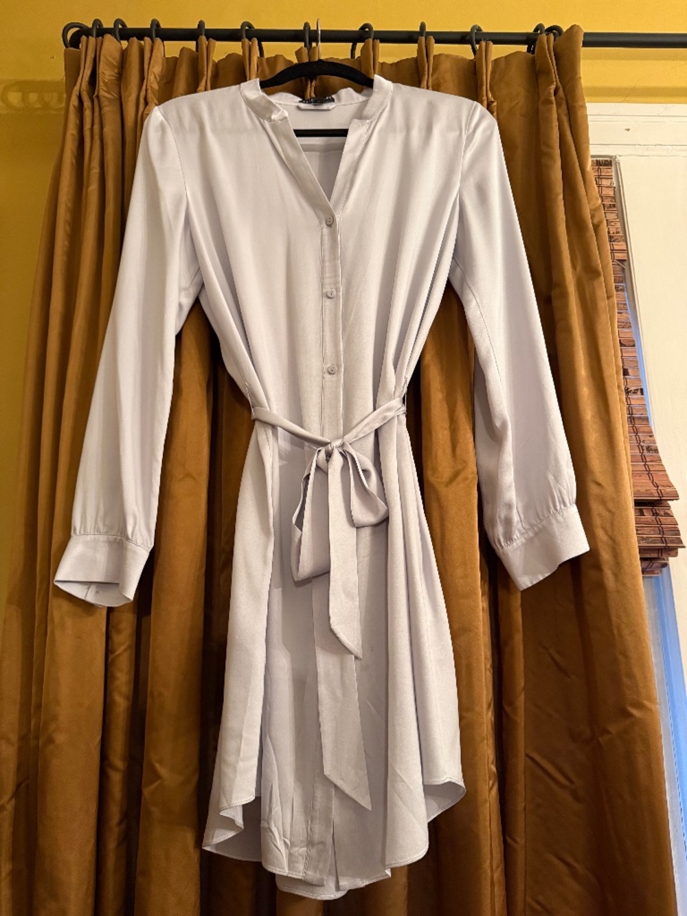 Eileen Fisher Silk S/P Mandarin Collar Long Sleeve, Grey, Mandarin Collar Dress
